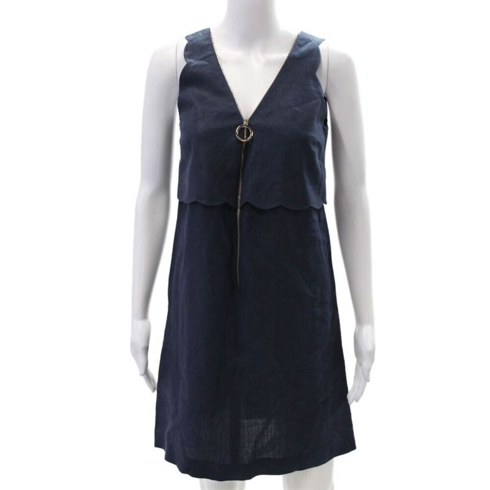 Socapri Womens Linen Scalloped Edging V-Neck Sleeveless Dress Navy Size 40
